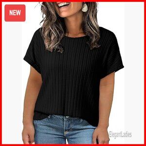 Plus Size Ribbed Knit Crewneck Short Sleeve Blouse Casual Summer Top